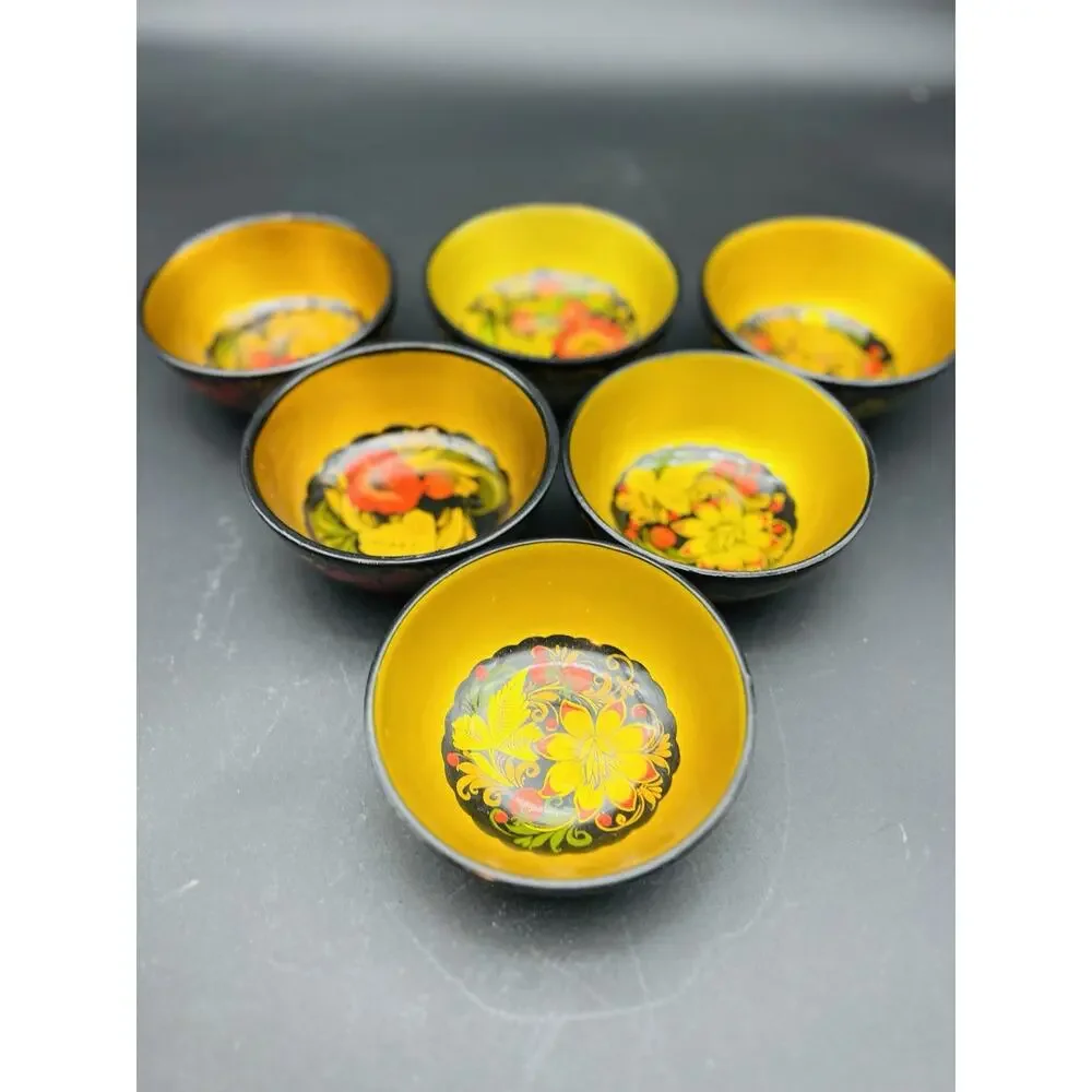 Set of 6 Vintage Khokhloma Hand Painted Wooden Russian Folk Art Bowls USSR
